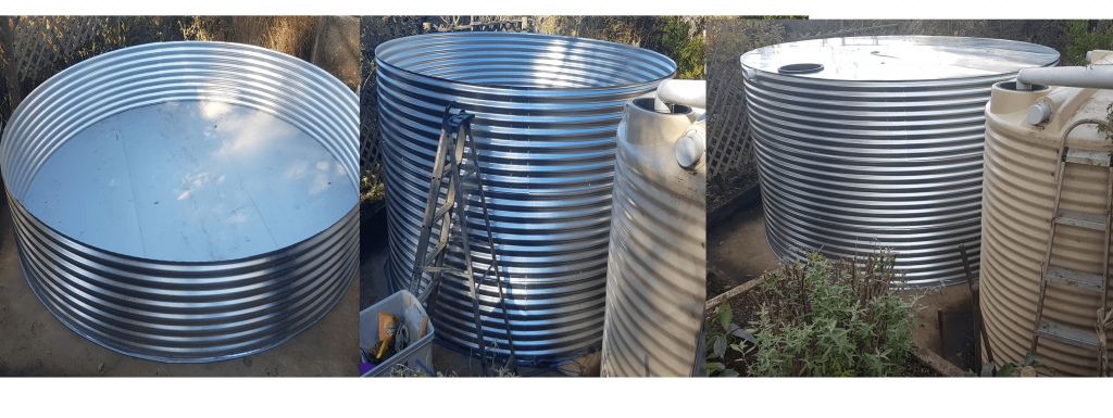 Base of tank, all rounds before the roof is attached, with roof attached next to poly tank.