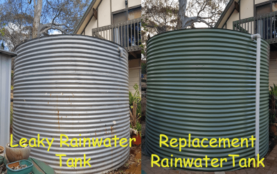 old rainwater tank next to new rainwater tank for comparison purposes